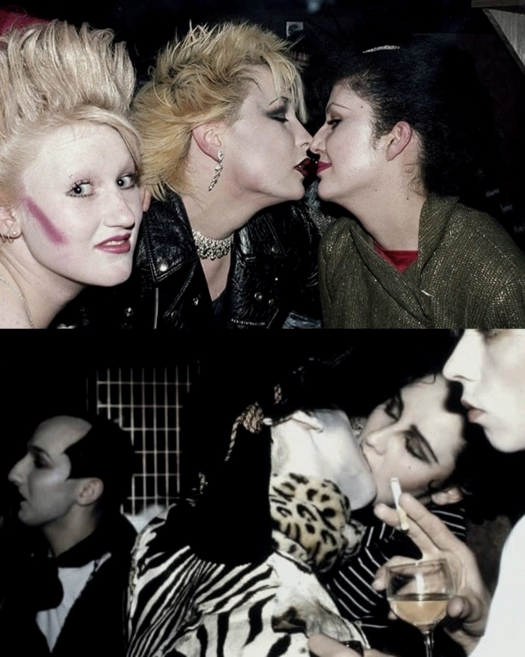 Two archival club photographs, teased hair and dark makeup under low light.